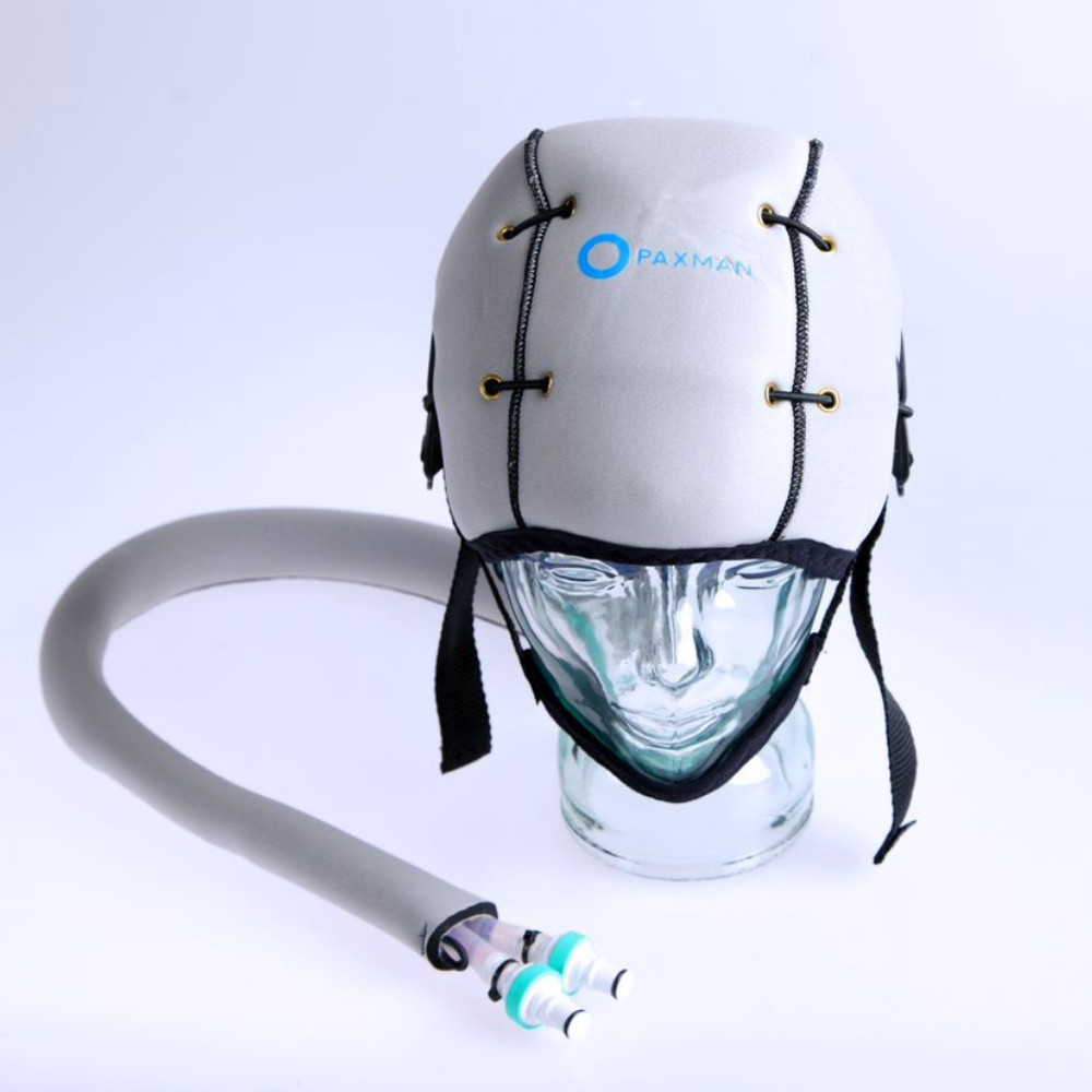 Paxman scalp cooling device on model head