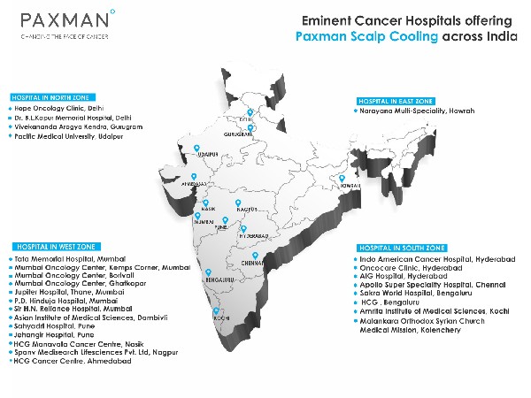 map indicating the availability of the Paxman Scalp Cooling System across India 
